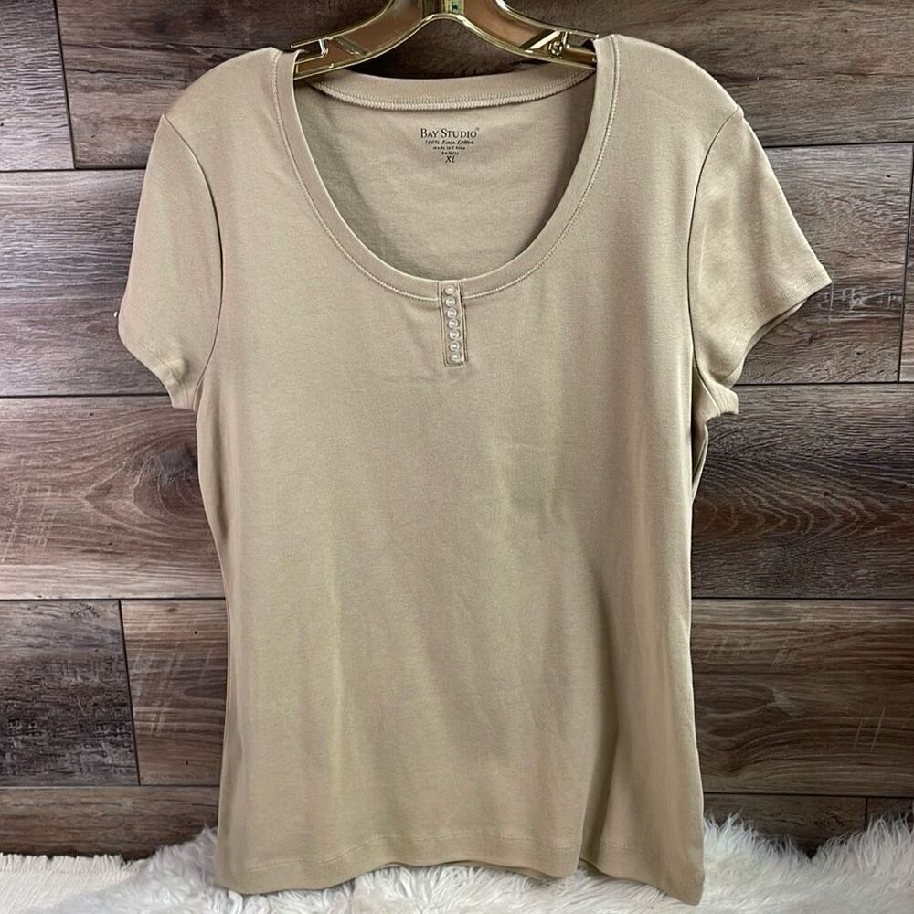 BAY STUDIO Women’s Tan Scoop Neck Short Sleeve Pima Cotton Base Layer Top Sz XL